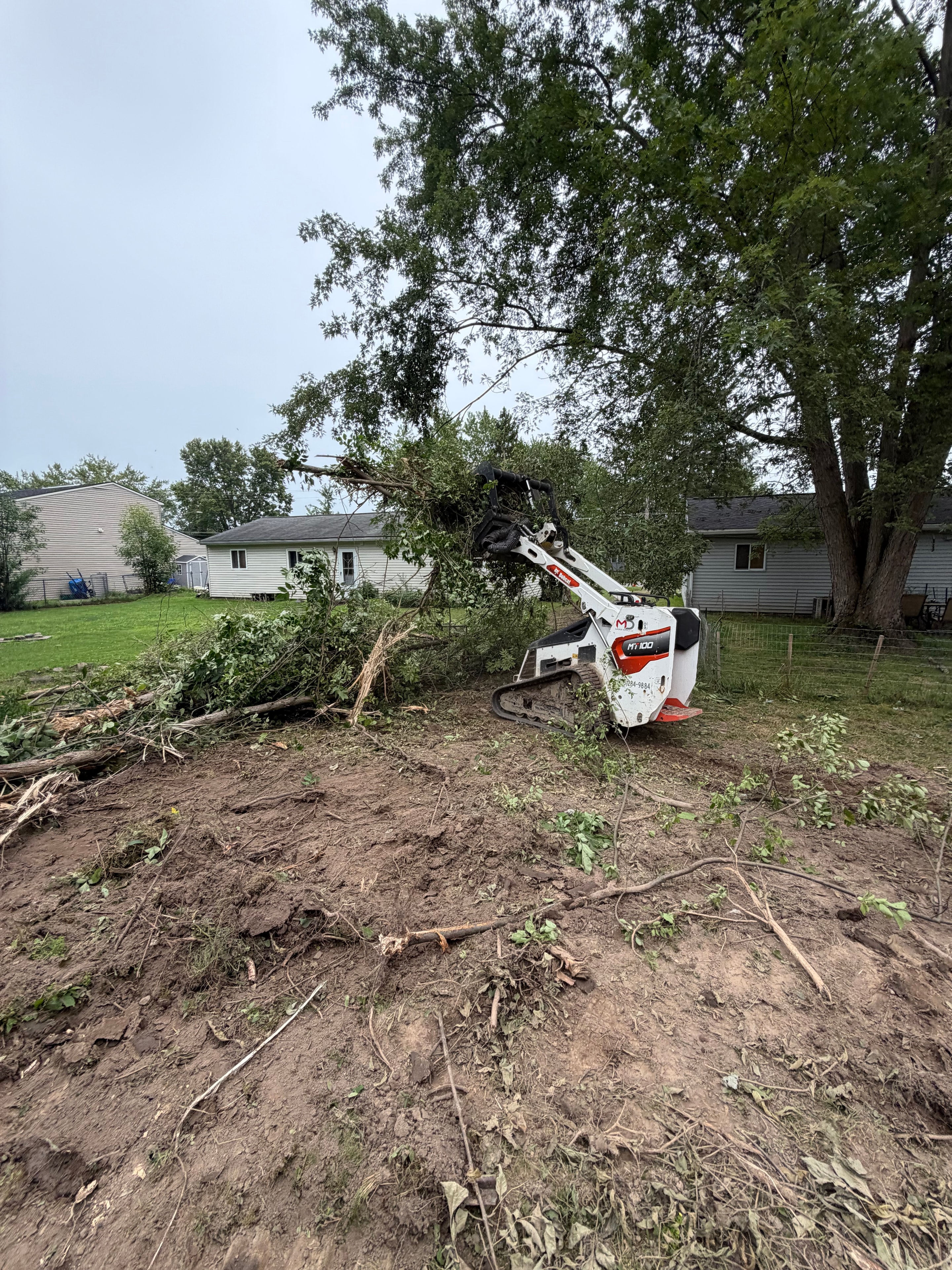 Mini skid steer clearing brush and debris