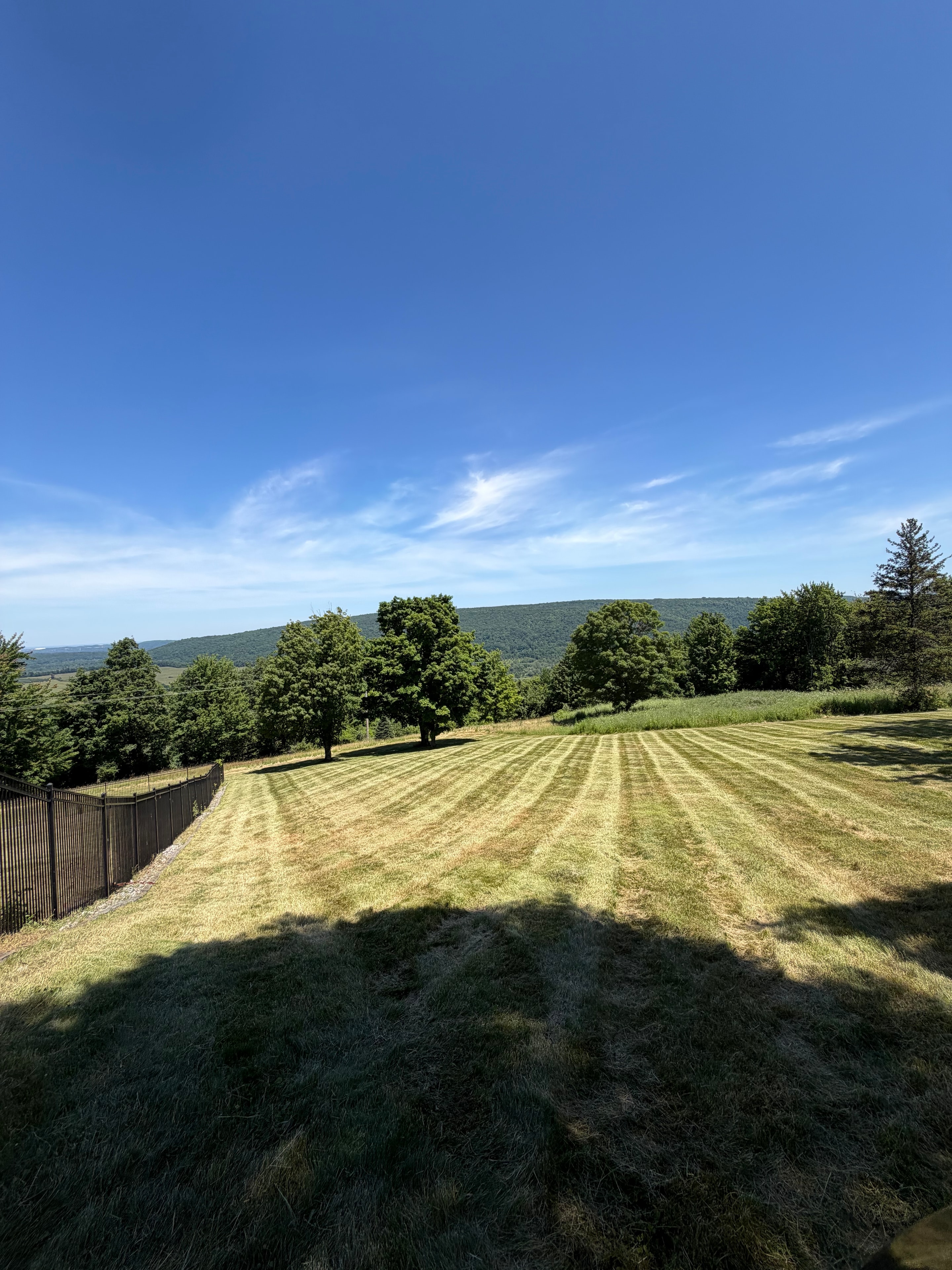 Hillside striped lawn with mountain and valley view